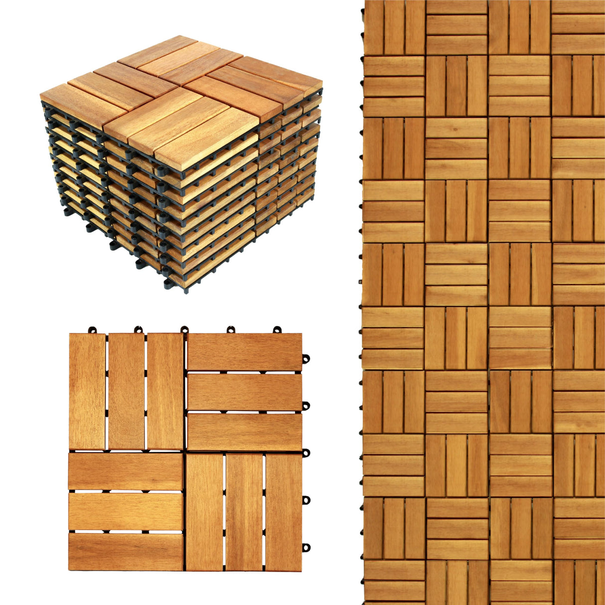 CLOVERHOLM Interlocking Deck Tiles - Waterproof 12”x12” Acacia Wood Tiles, Patio Tiles for Indoor and Outdoor, Garden, Roof Terrace Tiles, 12 Slats Checker Pattern (10Pcs, Teak, 12x12 inches) CLOVERHOLM