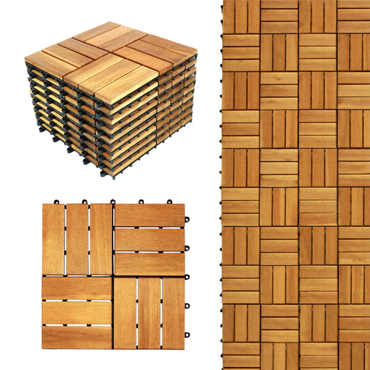 CLOVERHOLM Interlocking Deck Tiles - Waterproof 12”x12” Acacia Wood Tiles, Patio Tiles for Indoor and Outdoor, Garden, Roof Terrace Tiles, 12 Slats Checker Pattern (10Pcs, Teak, 12x12 inches)