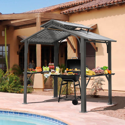 Domi 8x5FT Hardtop Grill Gazebo, Outdoor BBQ Gazebo with 2 Side Shelves and Ceiling Hook, Outdoor Grill Canopy with Galvanized Steel Double Roof for Patio Lawn Backyard Deck, Grey