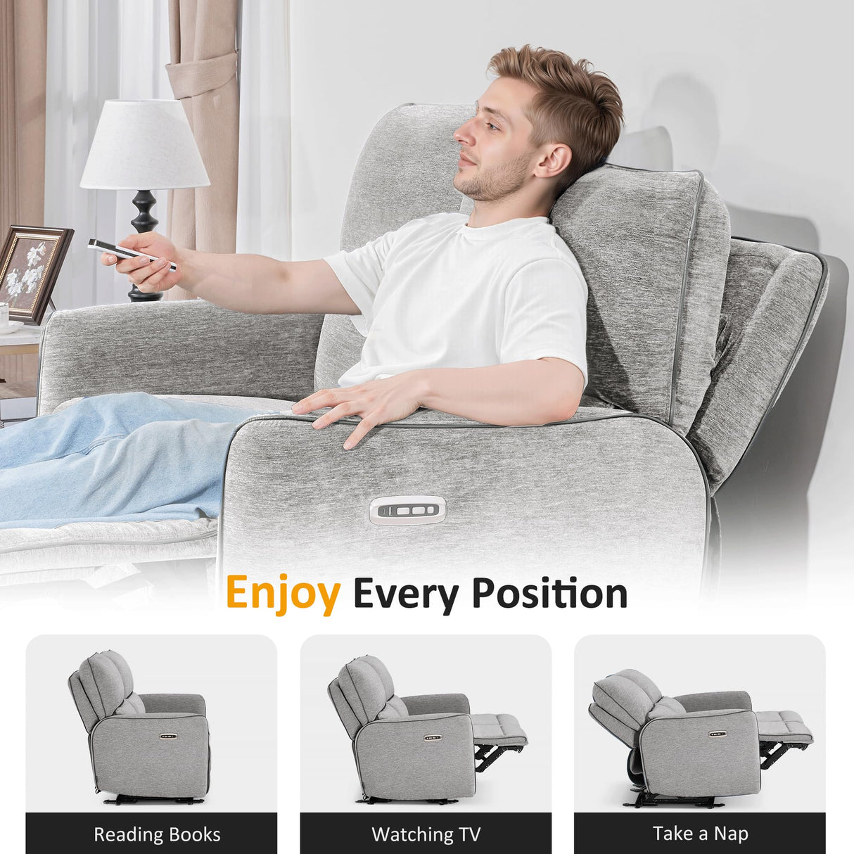 MCombo 60" Wall Hugger Power Loveseat Recliner Sofa with Adjustable Headrest, RV Reclining Loveseat with USB and Type C Charge Ports for Living Room 6924 (Light Grey) MCombo