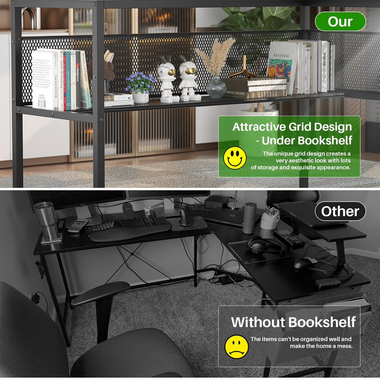 Unikito 55 Inch L Shaped Computer Desk with Power Outlets, Smart LED Lights & Unique Grid Design Unikito