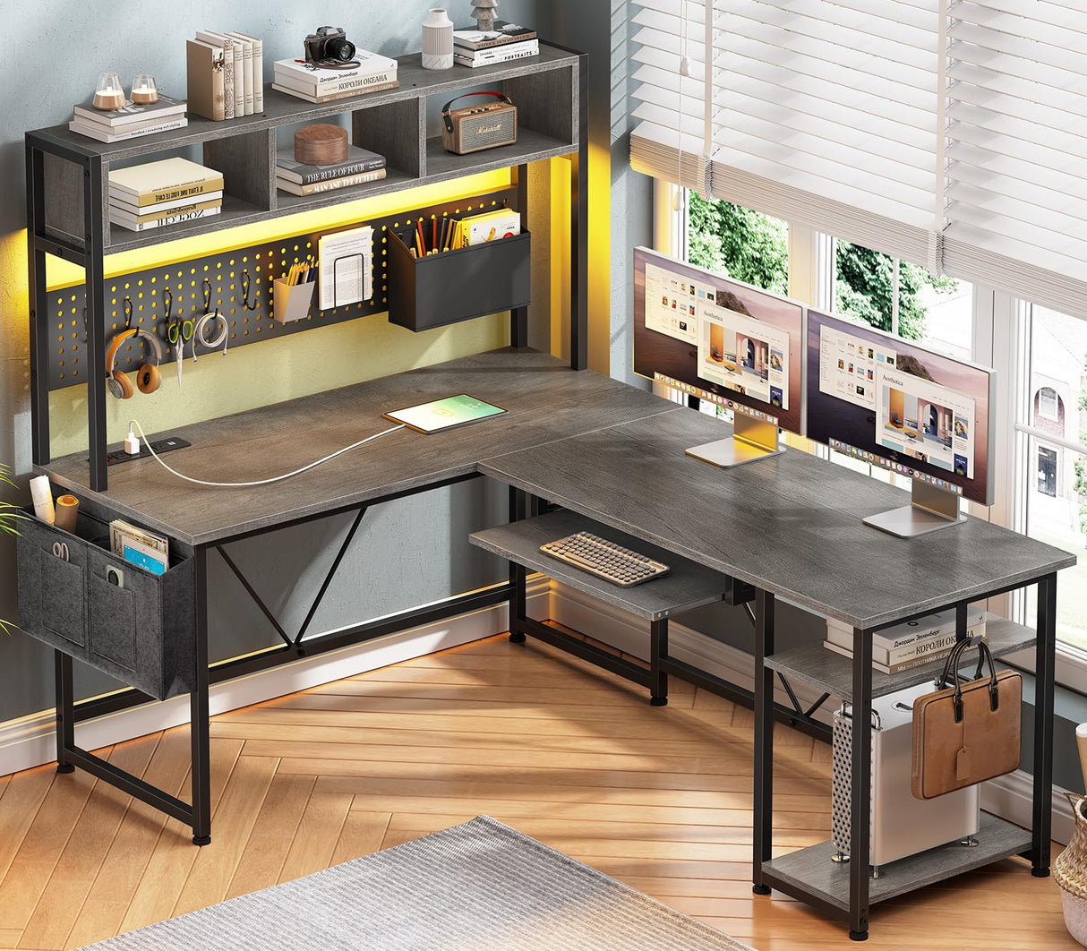 SEDETA L Shaped Gaming Desk with Hutch, 57.5” Reversible Home Office Desk with Power Outlet and Pegboard, Gaming Computer Desk with Keyboard Tray and LED Lights and Storage, Grey SEDETA