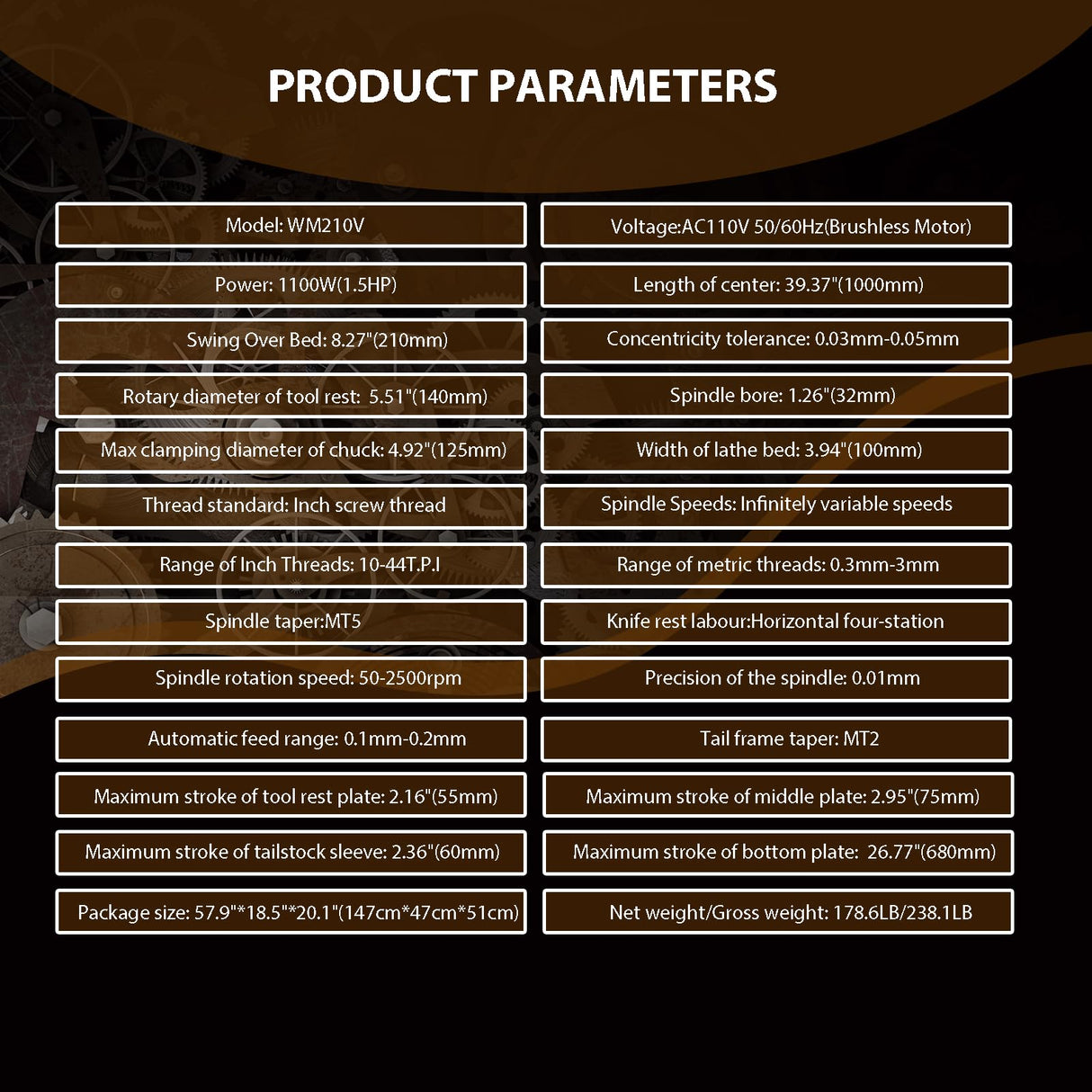 EQCOTWEA Metal Lathe 8''x39'' Benchtop Lathe Machine Pricision Hobby DIY Table Lathe Industrial Metal Wood Working Spinning Horizontal Lathe 1100W Brushless Motor 50-2500RPM Inch Thread WM210V 110V EQCOTWEA