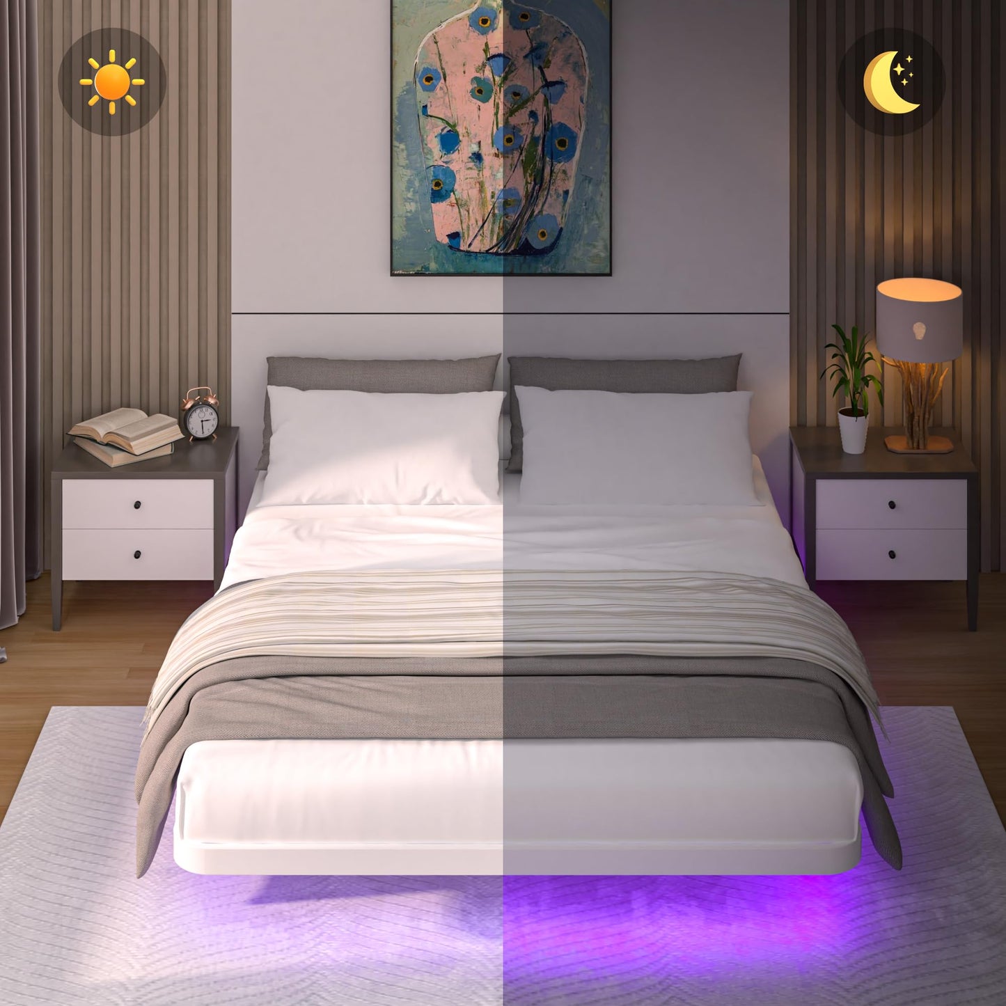 Meitewei Modern White Queen Floating Bed Frame with LED Lights and Heavy Duty Steel Slats - WoodArtSupply