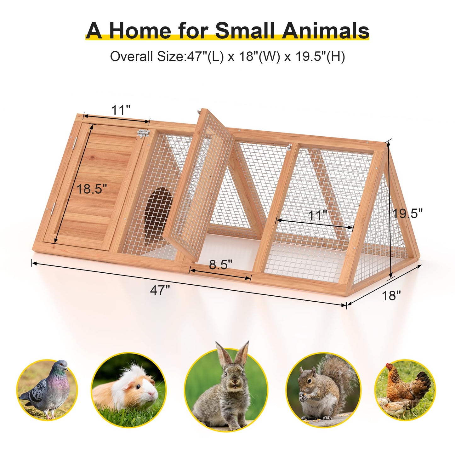 Rabbit Hutch, Small Chicken Coop Outdoor A-Frame Quail Cage with 2 Door & Run Cage Wooden Triangle Quail Hutch with Ventilating Wire Poultry Hutch for Small Animal (Wood)