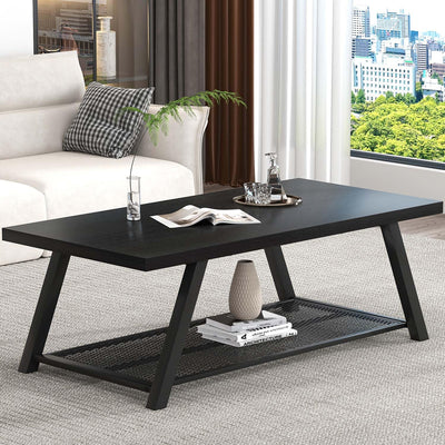 FOLUBAN Black Coffee Table, Modern Rustic Wood and Metal Living Room Table with Storage Shelf, Industrial Rectangle Cocktail Tea Table, 47 Inch