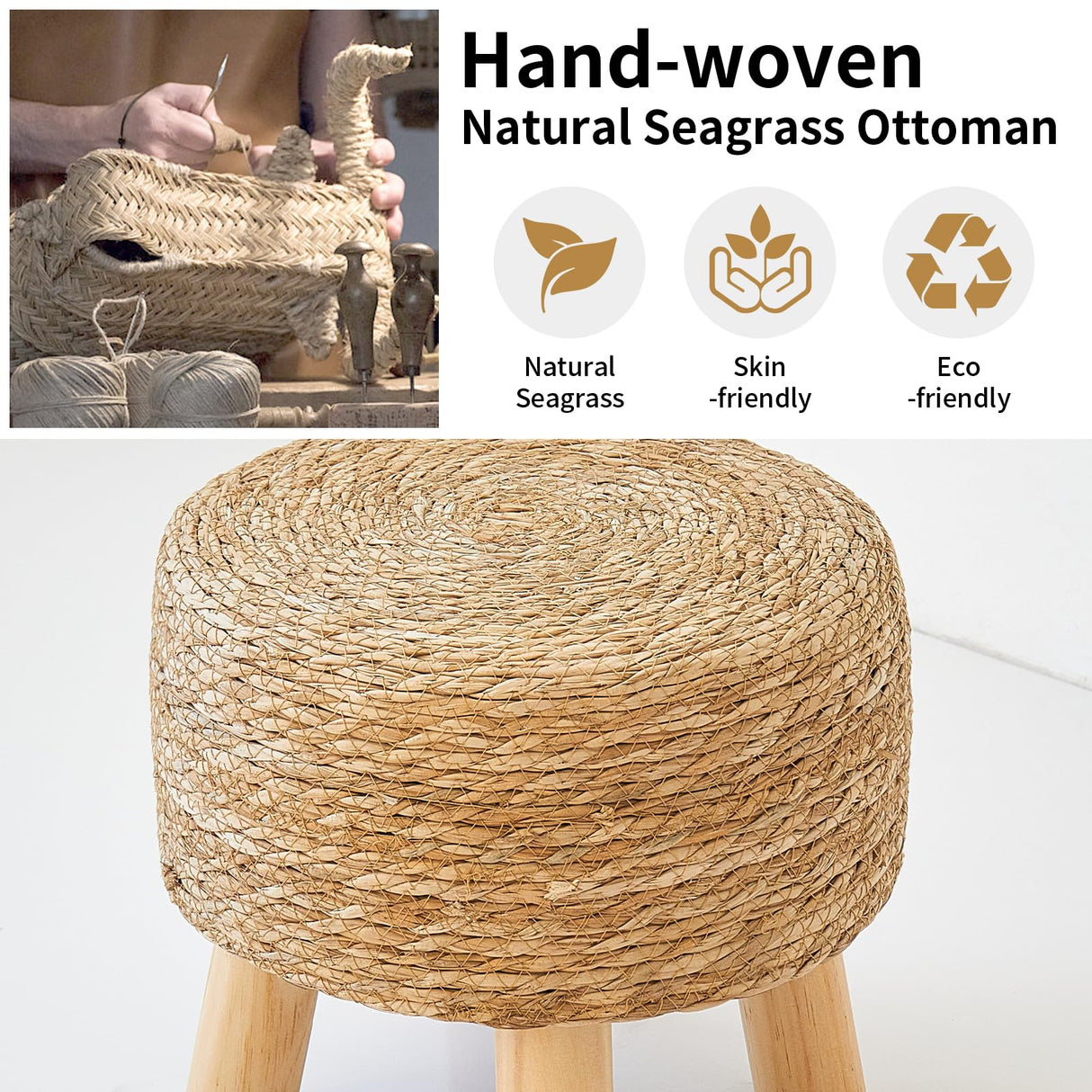 ALeesing Round Ottoman Natural Seagrass Footstool, Round Footstool with 4 Wood Legs, Hand Woven Round Footstool Sofa Stool, Multifunctional Modern Dressing Stool, Sofa Side Table for Bedroom (Nature) ALeesing