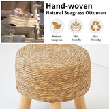 ALeesing Round Ottoman Natural Seagrass Footstool, Round Footstool with 4 Wood Legs, Hand Woven Round Footstool Sofa Stool, Multifunctional Modern Dressing Stool, Sofa Side Table for Bedroom (Nature) ALeesing