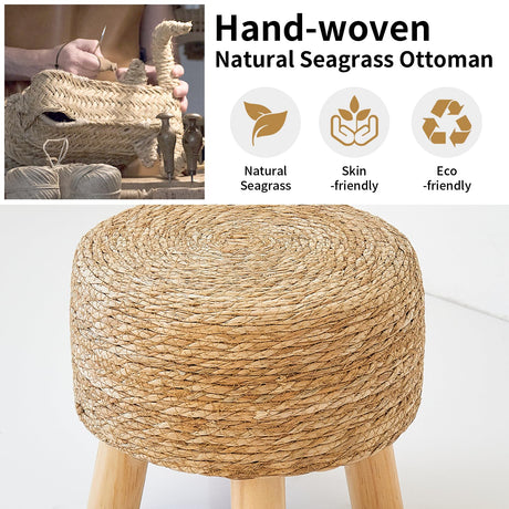 ALeesing Round Ottoman Natural Seagrass Footstool, Round Footstool with 4 Wood Legs, Hand Woven Round Footstool Sofa Stool, Multifunctional Modern Dressing Stool, Sofa Side Table for Bedroom (Nature) ALeesing