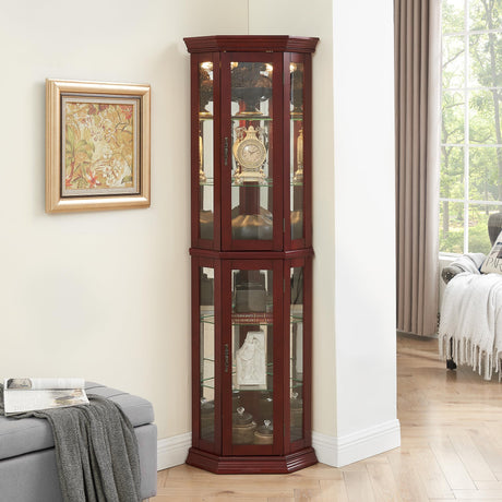 Goujxcy Lighted Corner Display Curio Cabinet Wooden Curved Shelving Unit with Adjustable Shelves and Mirrored Back Panel, Tempered Glass Doors for Bedroom, Living Room(Cherry, Corner Shape) Goujxcy
