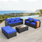 6 Pieces Patio Wicker Furniture Set Outdoor PE Rattan Conversation Couch Sectional Chair Sofa Set with Royal Blue Cushions Rattaner
