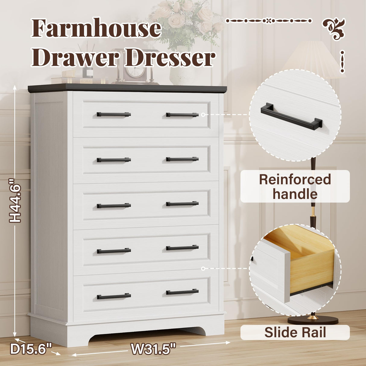 Furmax Farmhouse Dresser for Bedroom, 5 Drawers Dresser, Wood Chest of Drawers, 52" Wide Storage Dressers Organizer for Bedroom, Living Room (White and Black) Furmax