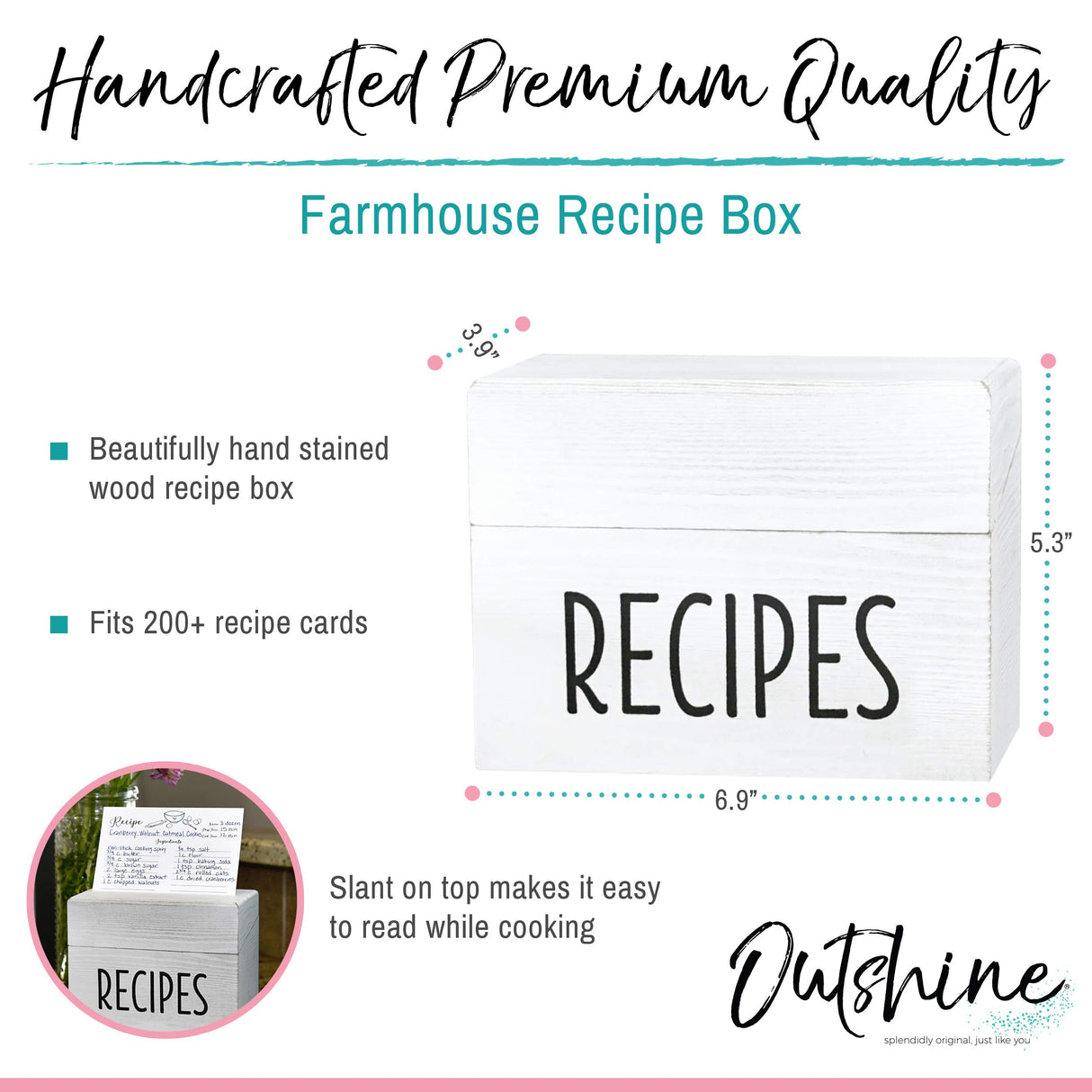 OUTSHINE White Wooden Large Recipe Box with Cards and Dividers | Farmhouse Wood Recipe Box 4x6 Recipe Cards and Box Set | Recipe Box Dividers|White recipe box personalized| Recipe box set OUTSHINE