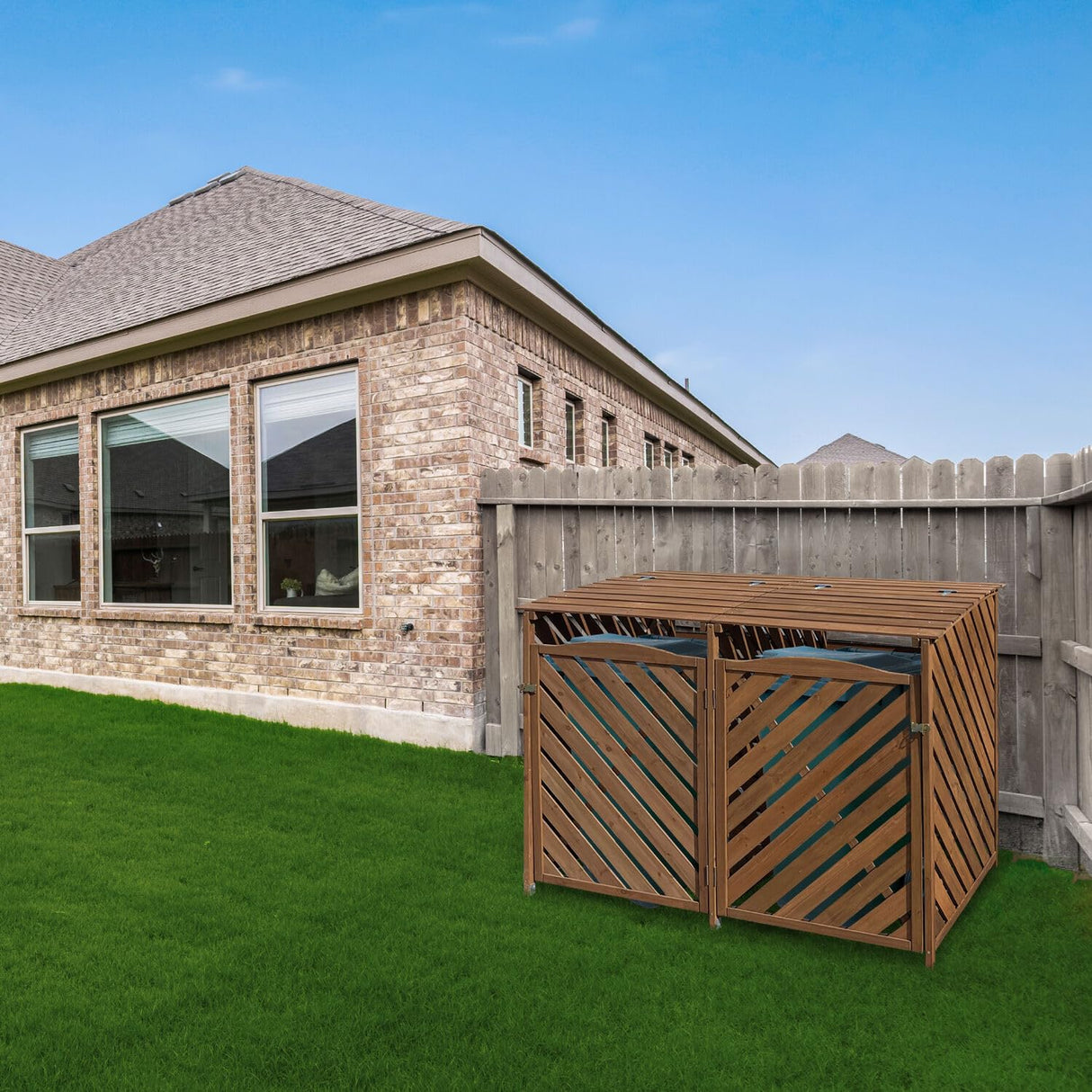 Hanover Outdoor 4.9-ft. x 4-ft. Wooden Trash Bin and Recyclables Storage Shed in Brown, Weather Resistant Trash Can Storage Container with Locking Latch for Lawn, Carport, Driveway Hanover