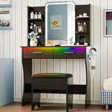 Vanity Desk with LED Lights Mirror & Power Outlet, Small Makeup Vanity Table Set with Storage Drawers & Chair, 3 Lighting Modes & Adjustable Brightness, Dressing Table for Women Girls Bedroom, Black Xixini