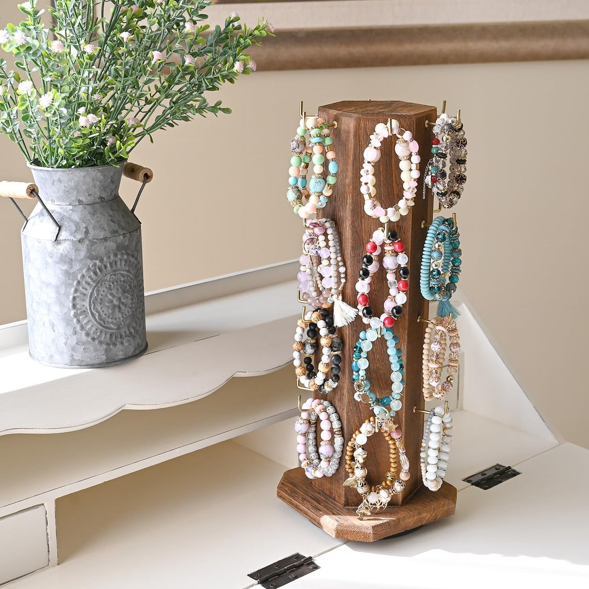 Ikee Design Free Assemble 24 Hooks Wood Hexagon 6 Sided Rotating Jewelry Display Stand Tower for Earrings,Bracelets, Keychain Earring Display Stand for Selling, Showcase, Brown Color Ikee Design