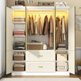 75" Tall 4 Doors Armoire Wardrobe Closet with Mirror and LED Light,Modern Freestanding White Wardrobe Armoire for Bedroom with Drawers,Modern Clothing Storage Cabinet for Bedroom(White) jiteentarou
