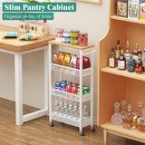Giwil Slim Rolling Storage Cart 4 Tier Bathroom Organizer Mobile Shelving Unit Utility Cart with Wood Top and Handle for Kitchen Laundry Narrow Places, White Giwil
