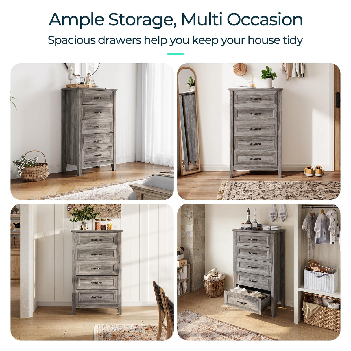 LINSY HOME Farmhouse 5-Drawer Dresser - Grey Chest of Drawers for Bedroom and Living Room Organization, Wood Dresser with Ample Storage Space and Rustic Charm LINSY HOME