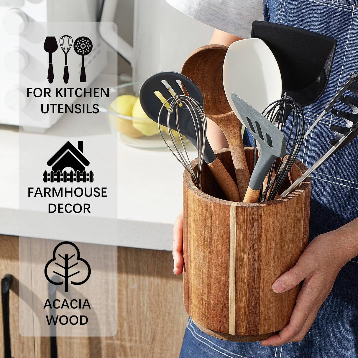 LOHONER Acacia Wood Utensil Holder for Kitchen Counter, 360° Rotating 7.2" Large Cooking Utensil Holder, Kitchen Utensil Storage Organizer for Countertops, Farmhouse Kitchen Decor LOHONER