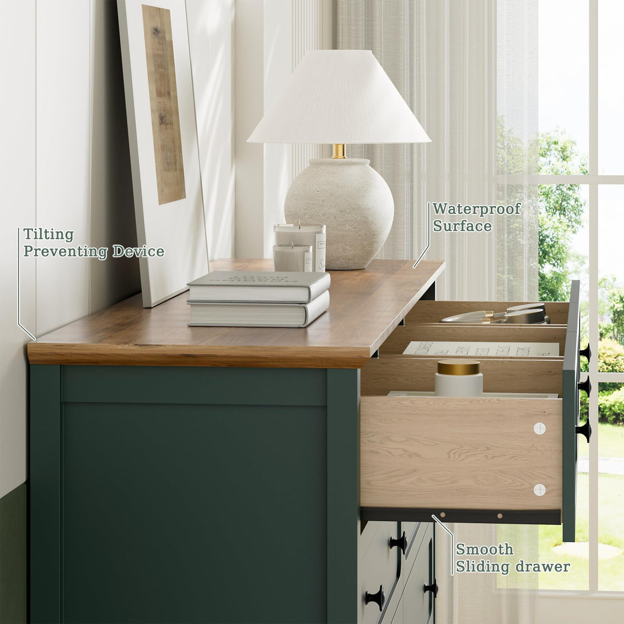 Tradare Dresser for Bedoom, Modern Chest of Drawers, Wood 9 Drawer Dresser with Metal Handles, Storage Organizer Wide Dressers for Living Room, Hallway, Entryway, Green Tradare