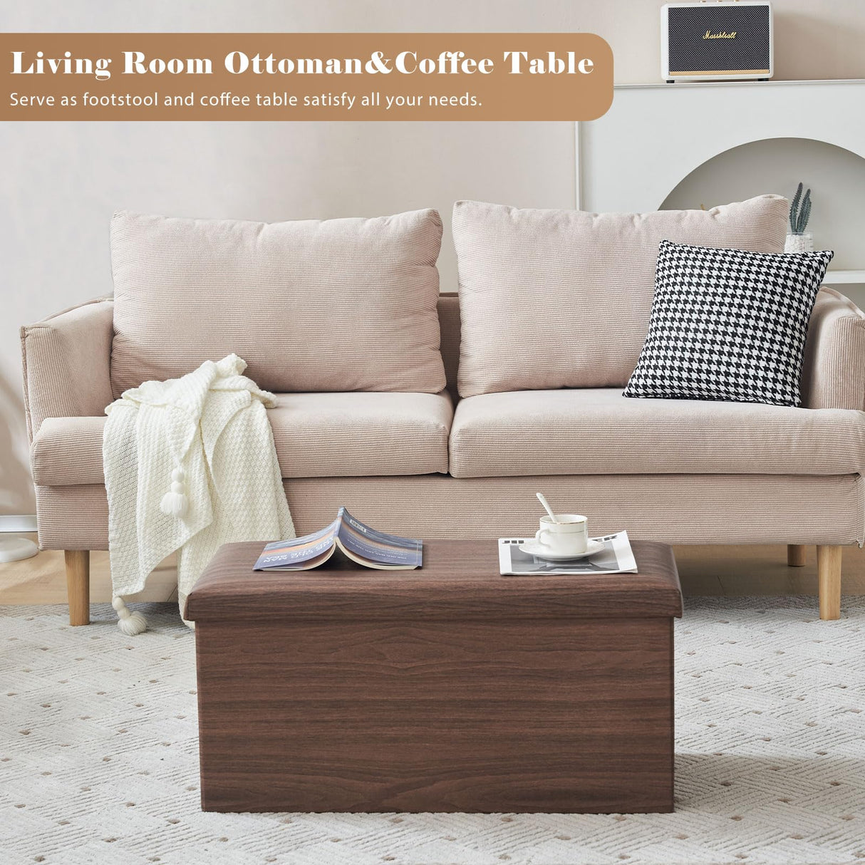 YOUDENOVA 30 inches Folding Storage Ottoman Bench, 80L Storage Bench for Bedroom and Hallway, Faux Leather Brown Footrest with Foam Padded Seat, Support 350lbs, Wood Grain Brown YOUDENOVA