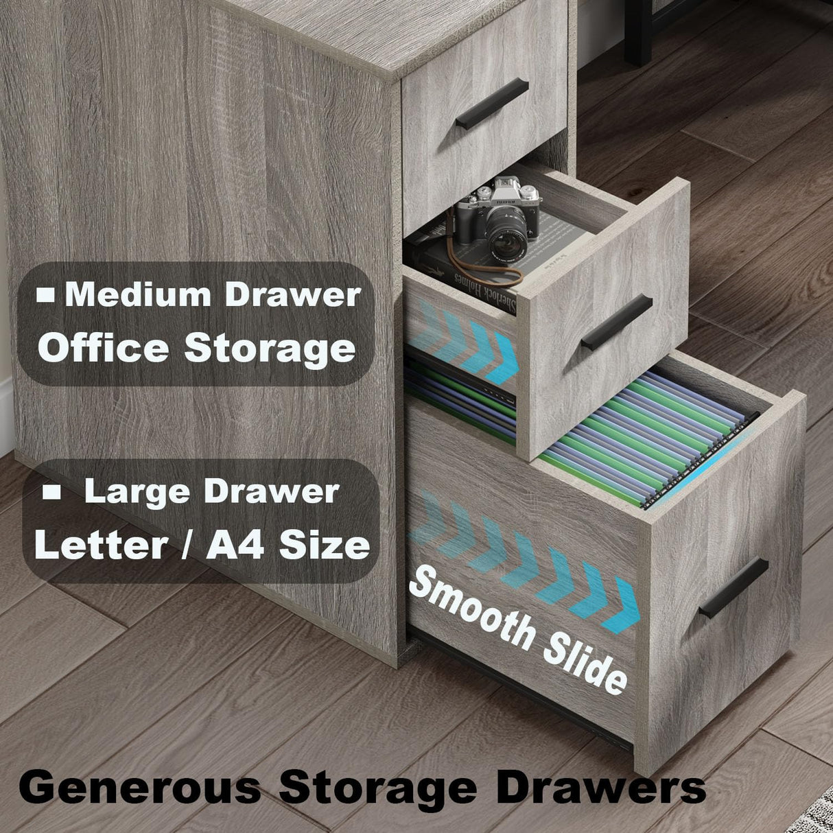 LVB Reversible Gray L Shaped Corner Desk, Farmhouse Wood Computer Desk with File Drawers Cabinets, Large Work Study Executive Home Office Desk with Storage Shelves for Bedroom, Light Grey Oak, 59 Inch LVB