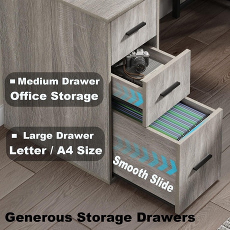 LVB Reversible Gray L Shaped Corner Desk, Farmhouse Wood Computer Desk with File Drawers Cabinets, Large Work Study Executive Home Office Desk with Storage Shelves for Bedroom, Light Grey Oak, 59 Inch LVB