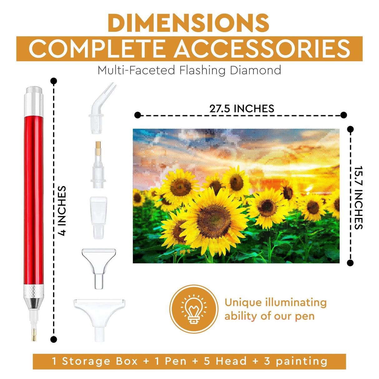 Sunflower Diamond Painting With Illuminated Pen Tip | 5D Large Diamonds Painting Kits With Accessories For Adults | DIY Full Drill Diamond Art Diamond Painting For Home Decor (27.5 X 15.7inch) LGANHAPY