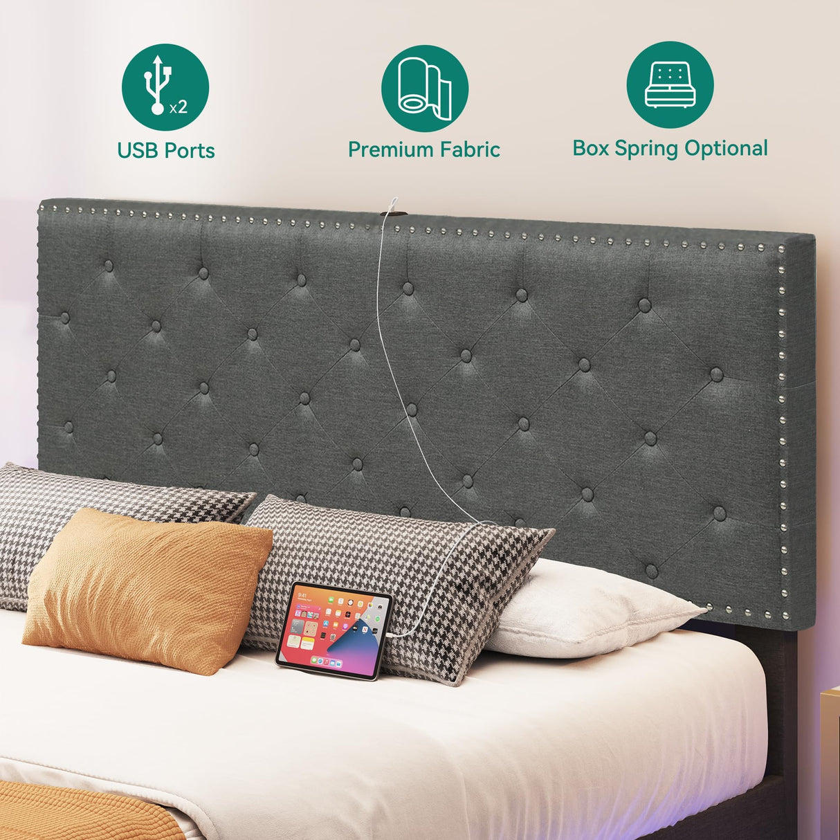 YITAHOME Queen Size LED Bed Frame with Adjustable Diamond Headboard & USB Ports in Grey YITAHOME