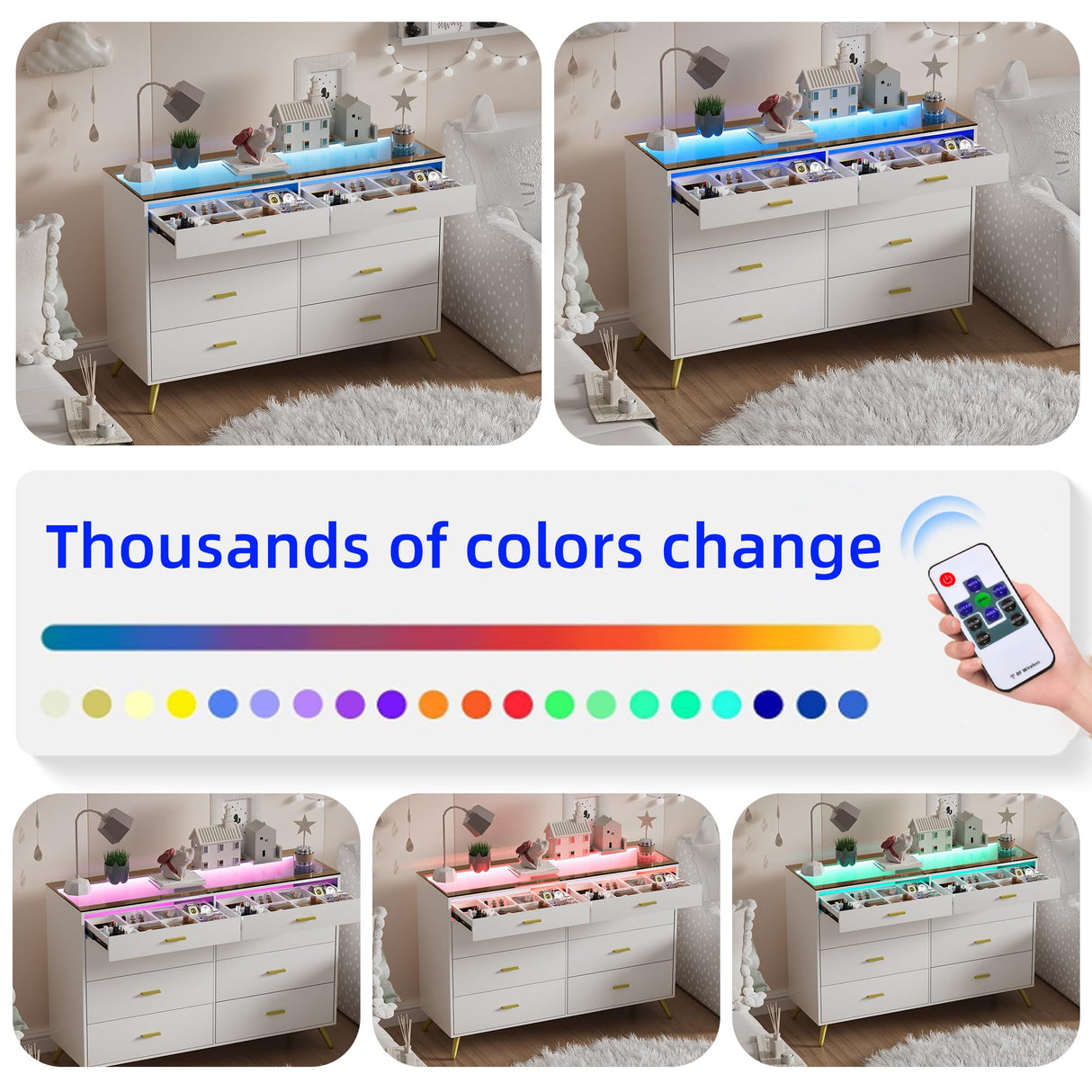 SDMY White Dresser for Bedroom,8 Drawer Dresser,Wide Chest of Drawers with LED Lights,Visual Desktop,Grid Drawer Storage Compartments,Modern Large Capacity Storage Cabinet for Living Room,Entryway SDMY