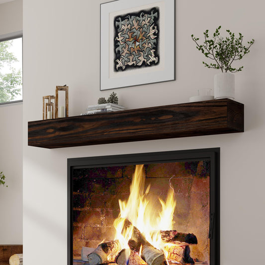 Fireplace Mantel | 48" W Wood Floating Shelves | Handcrafted Hollow Distressed Beam | Wall Mounted Wooden Display Shelfing | with Invisible Heavy Duty Hanging Wood Bracket | 48W x 6H x 8D, Espresso