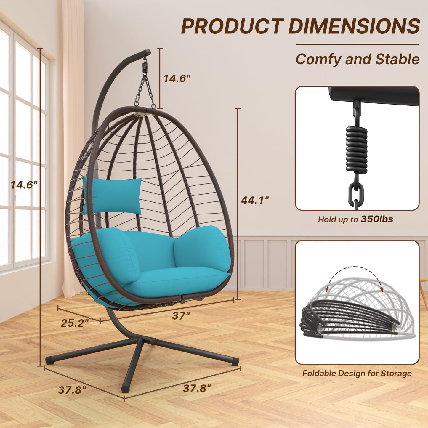 Piltwoff Hanging Egg Chair with Stand, Indoor Outdoor Wicker Rattan Egg Swing Chair with Cushion Headrest, Hammock Chair 350lbs Capacity for Bedroom Patio Porch Garden Balcony(Blue)