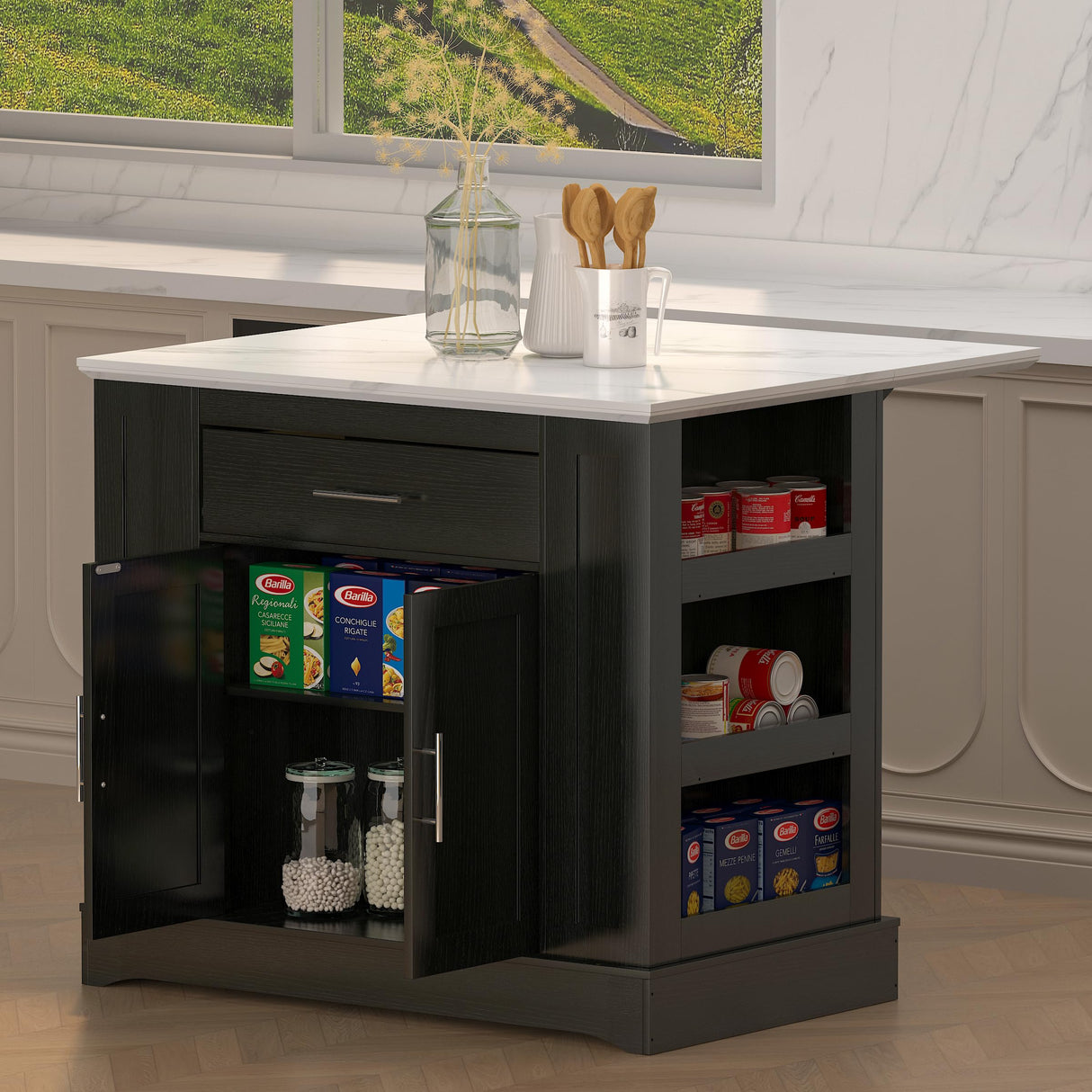 FUSUNBAO Large Kitchen Island with Storage & Power Outlet, Drawer, Adjustable Shelves, Side Open Compartments, and Drop Leaf,Island Table for Kitchen with Footrest,Black FUSUNBAO