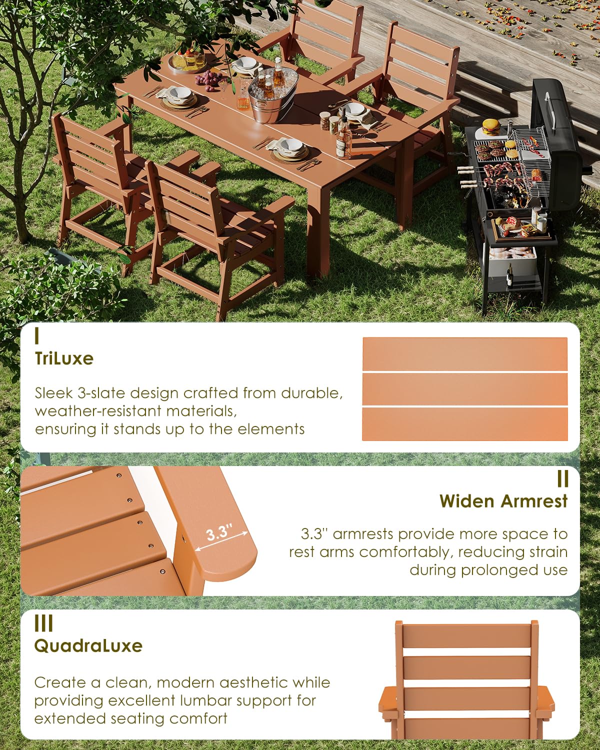 GREENVINES 7-Piece Outdoor Dining Set | HDPE | Patio Table and Chairs Sets for 6 | Patio Furniture | All Weather | Umbrella Hole | Teak | for Backyard Poolside Garden GREENVINES