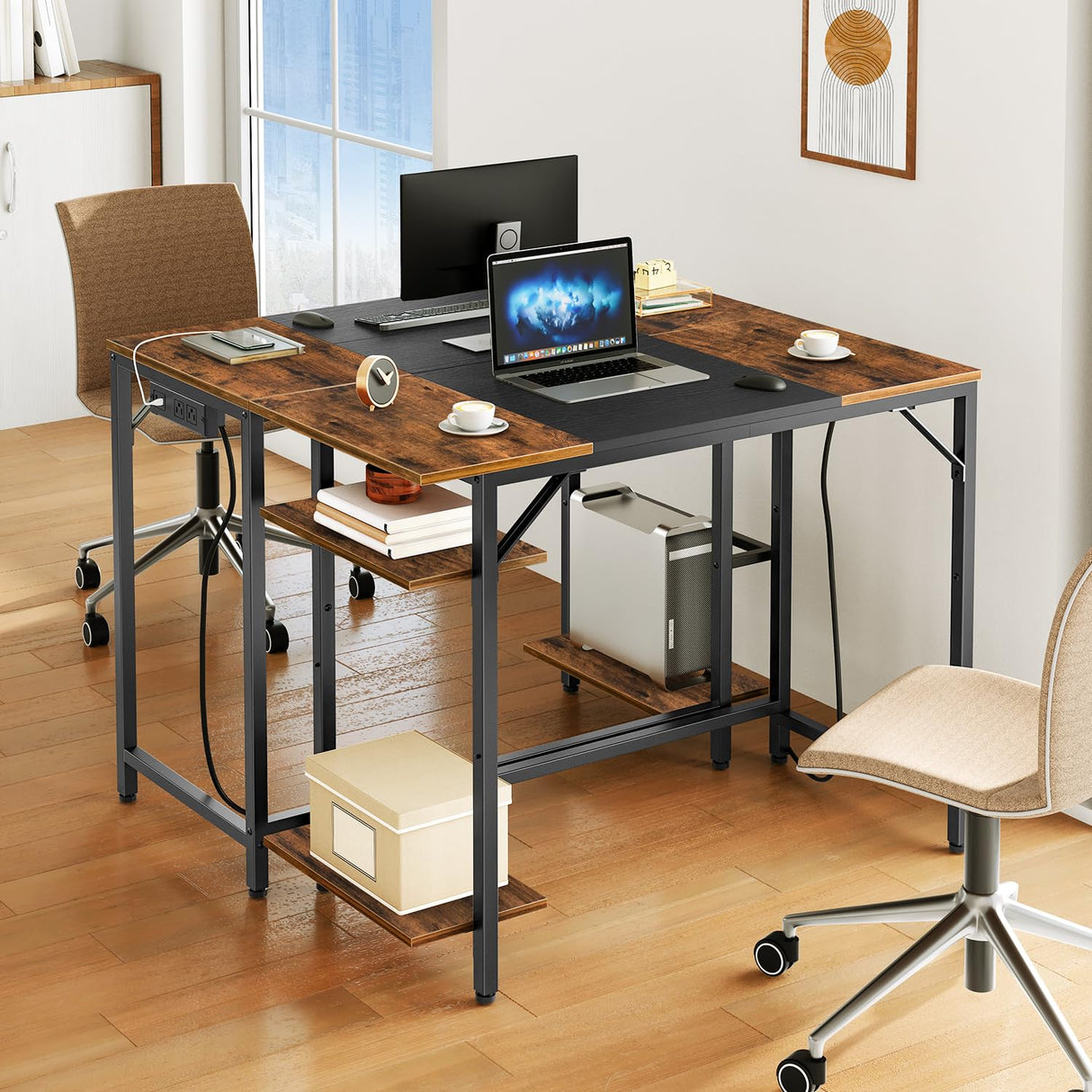 HOOBRO Computer Desk, Home Office Desk with Power Outlet, Writing Desk with 2 Shelves, Modern Small Desk for Home Office, Study, Easy to Assemble, Rustic Brown and Black BF43UDN01 HOOBRO