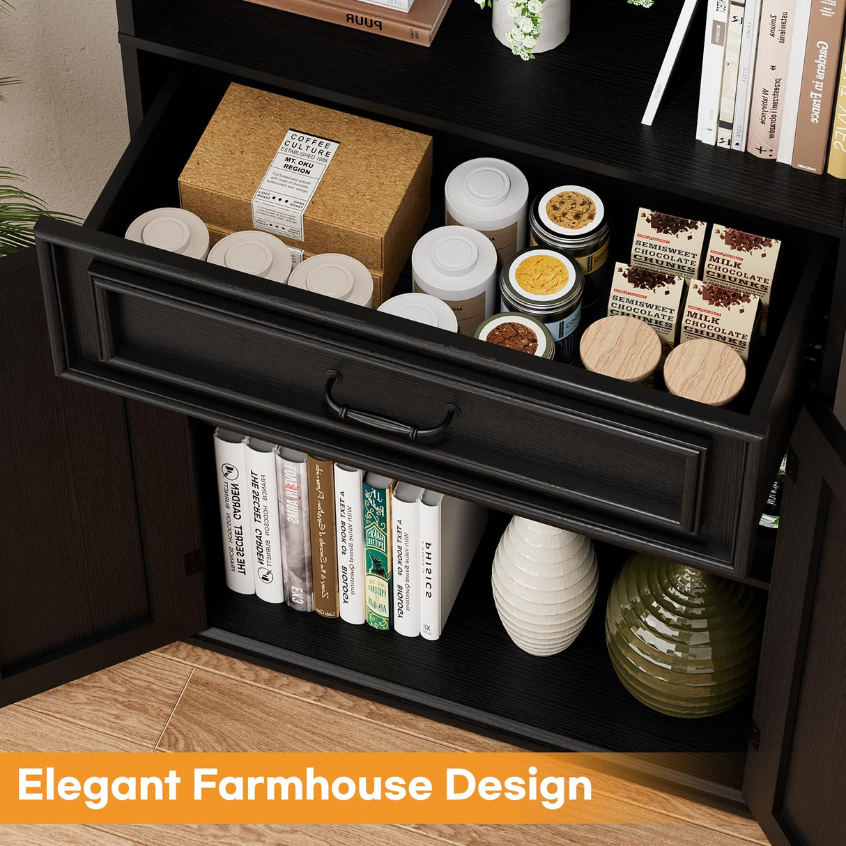 Cyclysio 80" Tall Bookcase, Farmhouse Bookshelves with Drawer and Doors, Floor Standing 6 Shelf Display Storage Cabinet for Home Office, Living Room (1, Black) Cyclysio