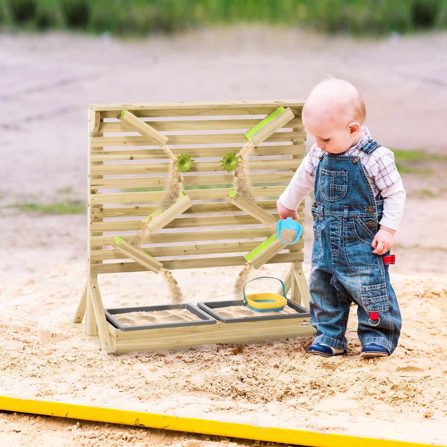 Outsunny 18Pcs Sand and Water Playset for Kids, Wooden Sandbox with Rearrangeable Falling Network Maze, Baby Sensory Toy Outdoor Toys for Summer Activity, Aged 3-7 Years - WoodArtSupply