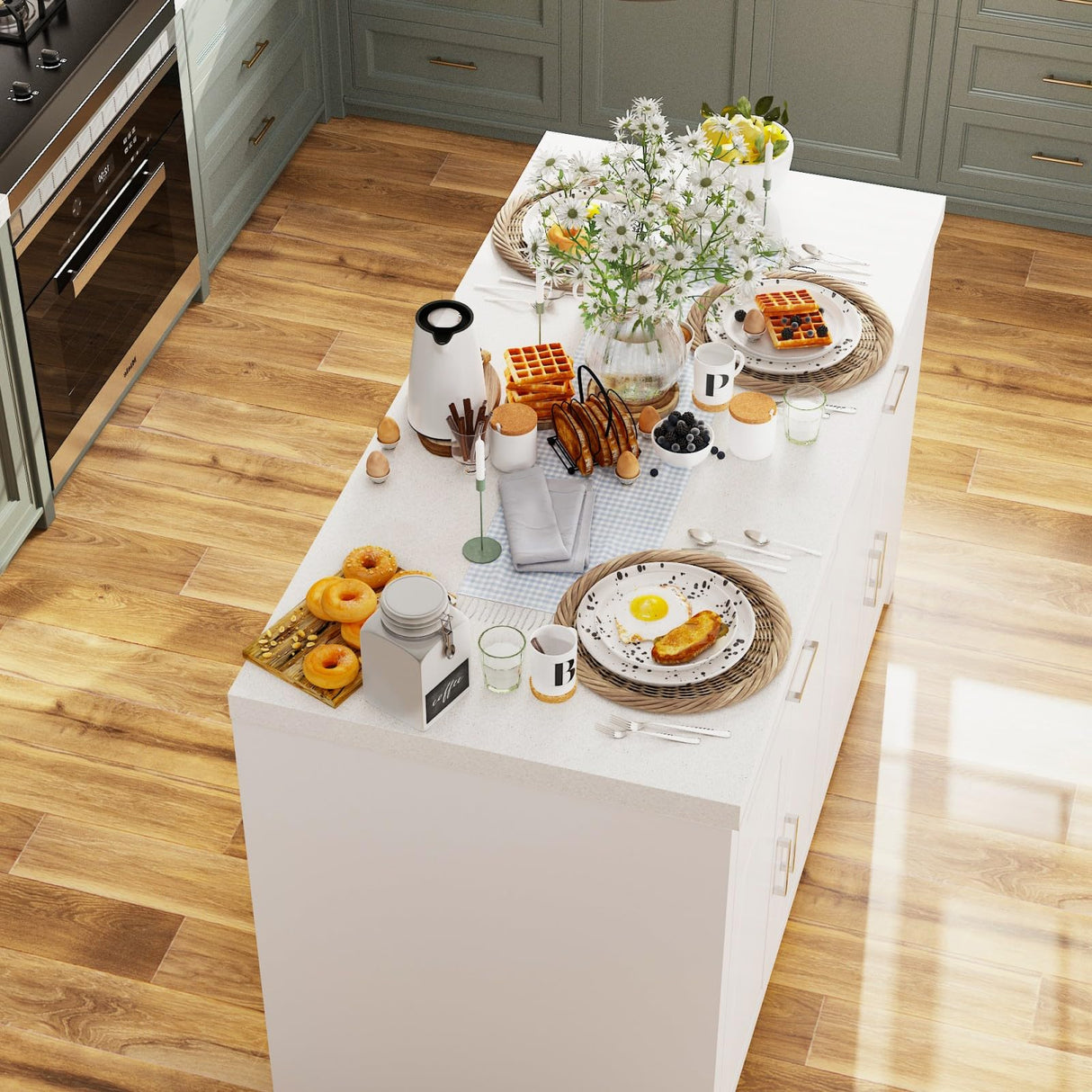 TAMUNE Kitchen Storage Island with USB Port & 2 Drawers, Stationary Kitchen Island Table with Light Grey Countertop, Bar Table with 4 Shelves White 29.1”D x 61”W x 37.4”H TAMUNE