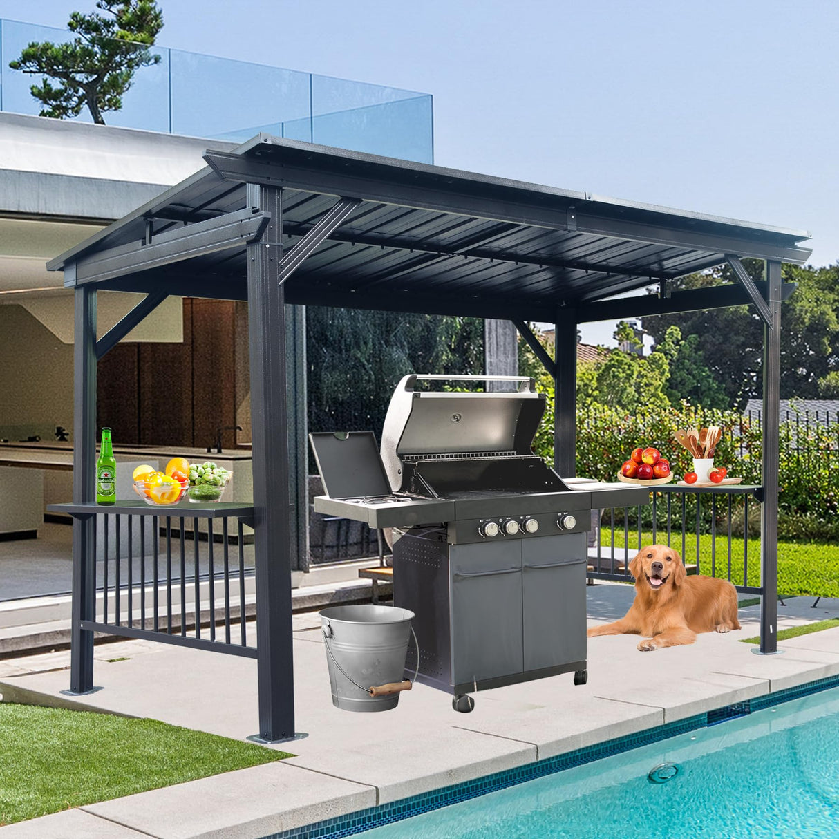 Domi 6.5x12FT Hardtop Grill Gazebo, Outdoor BBQ Gazebo with 2 Side Shelves and Ceiling Hook, Outdoor Grill Canopy with Galvanized Steel Slope Roof for Patio Lawn Backyard Deck, Grey domi outdoor living