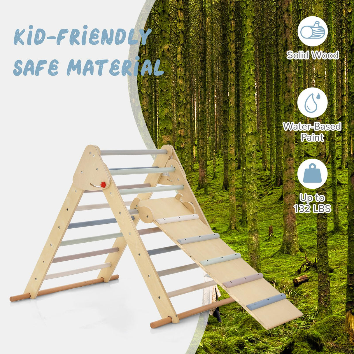 OLAKIDS Pikler Triangle Set 3 in 1 Climbing Toys for Toddlers Foldable Wood Montessori Baby Jungle Gym with Ramp Ladder Slide Kids Indoor Playground Activity Play Structure Olakids