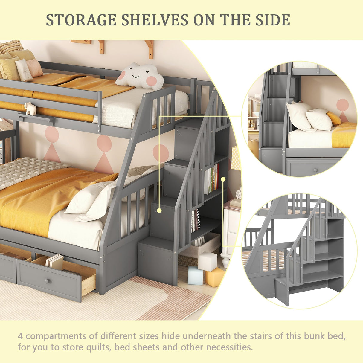 Merax Wooden Twin Over Full Stairway Bunk Bed with Three Storage Drawer, Storage Staircase, Removable Ladder and Safety Guardrail, Convertible to 2 Separated beds, Grey Merax