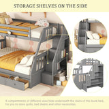 Merax Wooden Twin Over Full Stairway Bunk Bed with Three Storage Drawer, Storage Staircase, Removable Ladder and Safety Guardrail, Convertible to 2 Separated beds, Grey Merax