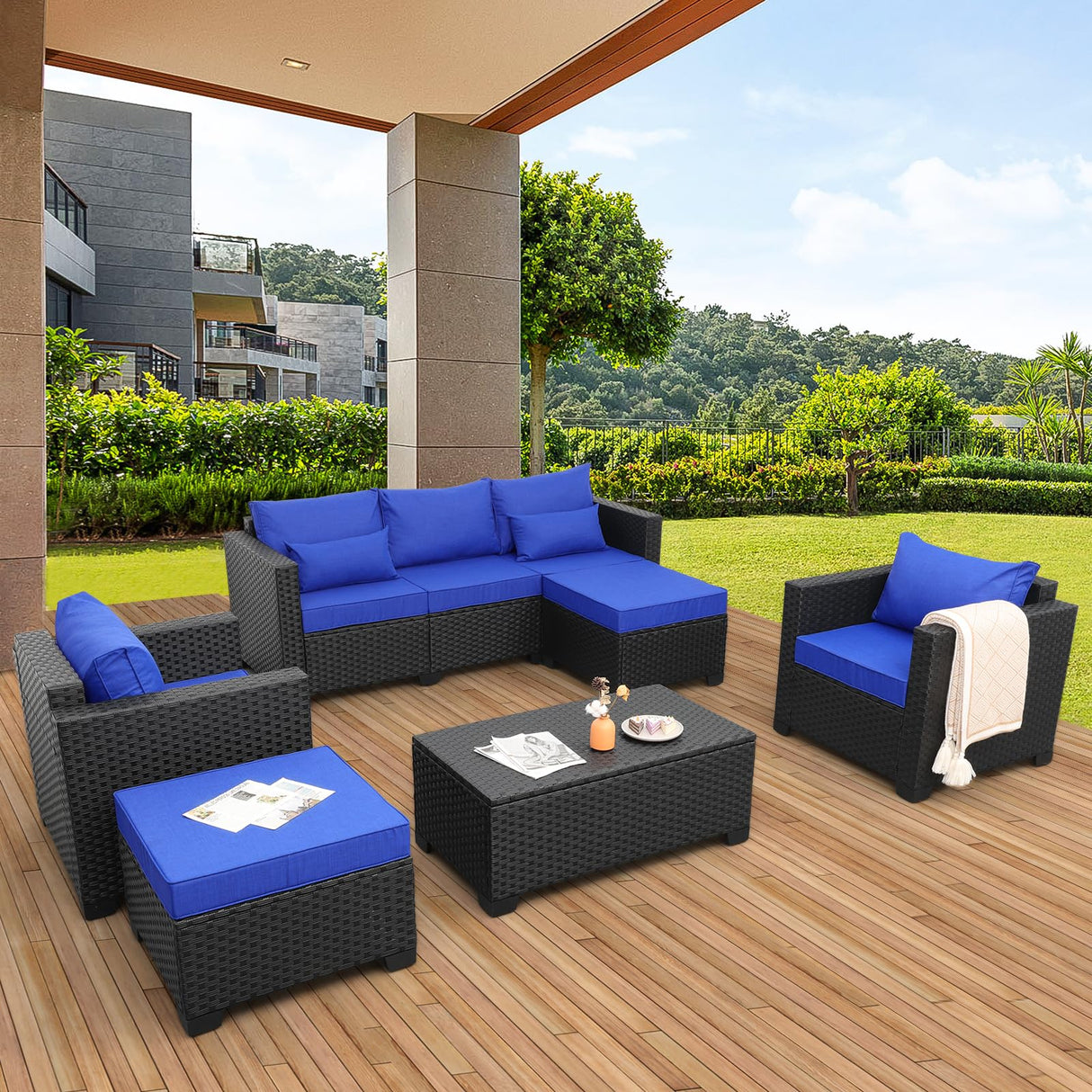 6 Pieces Patio Wicker Furniture Set Outdoor PE Rattan Conversation Couch Sectional Chair Sofa Set with Royal Blue Cushions Rattaner