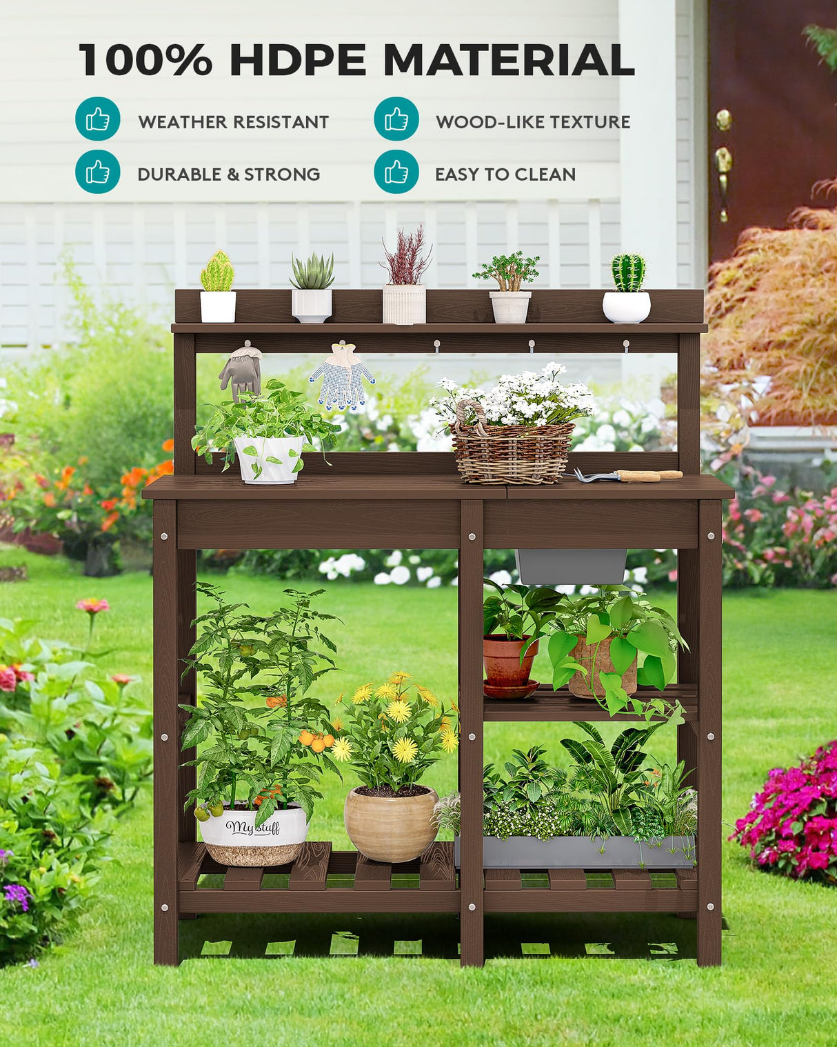 SERWALL Outdoor Potting Bench with Removeable Sink,Rot-Resistant HDPE Potting Table for Outside Gardening, All Weather Use - Coffee SERWALL