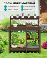 SERWALL Outdoor Potting Bench with Removeable Sink,Rot-Resistant HDPE Potting Table for Outside Gardening, All Weather Use - Coffee SERWALL