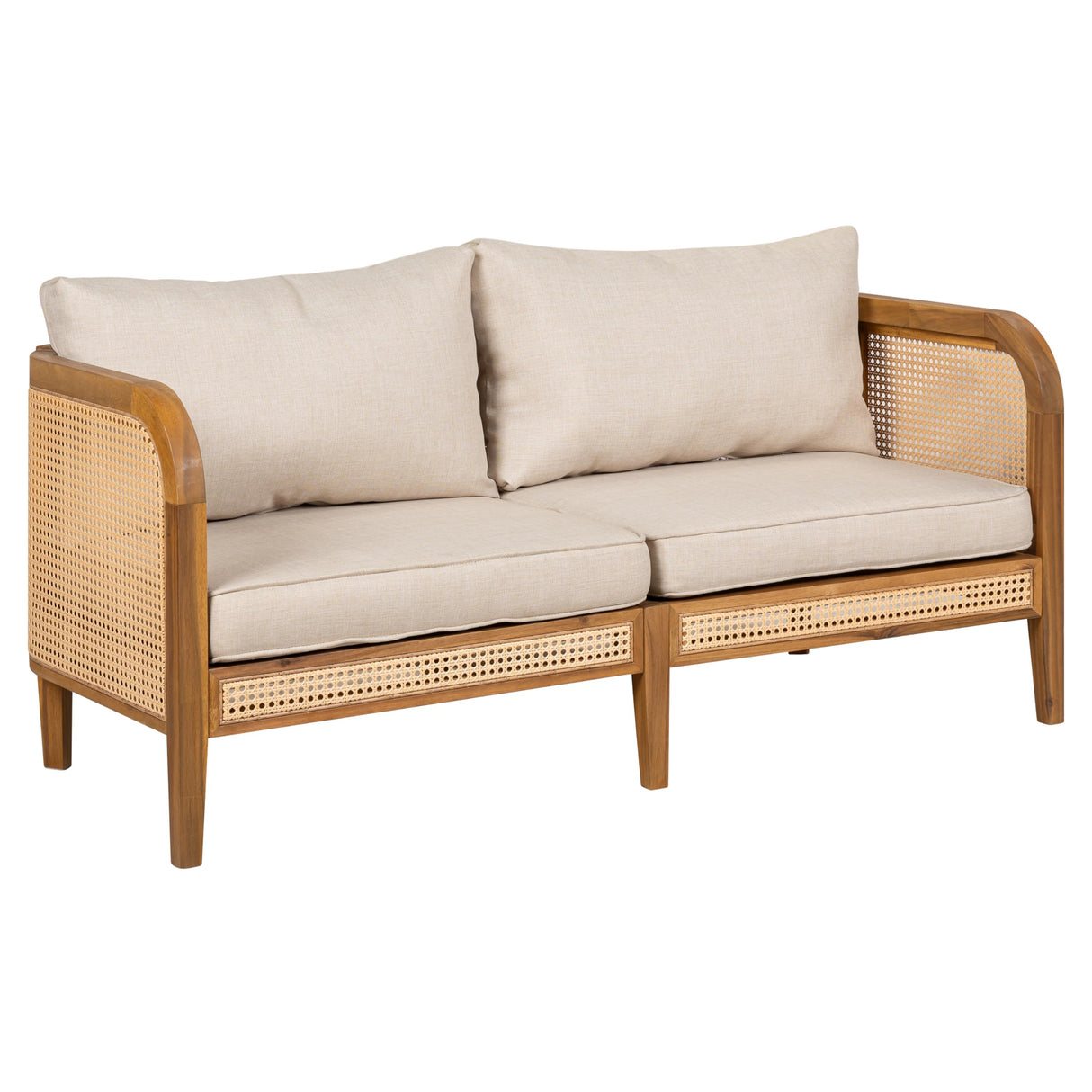 Christopher Knight Home Tilden Acacia Wood Outdoor Loveseat, 2-Seater Patio Furniture Sofa with Wicker Accent, Wooden Patio Sofa Couch with Armrest+Cushions, Comfy Lounging/Reading Chair, Teak+Beige Christopher Knight Home