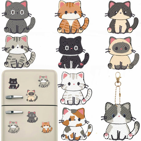 Bulerrylulu 9 Pcs Diamond Painting Magnets Kits Cute Cat Fridge Magnet Stickers Diamond Art Painting Keychains Gem Painting kit for Beginners Adults DIY Art Craft Gifts Home Decors (cat) Bulerrylulu
