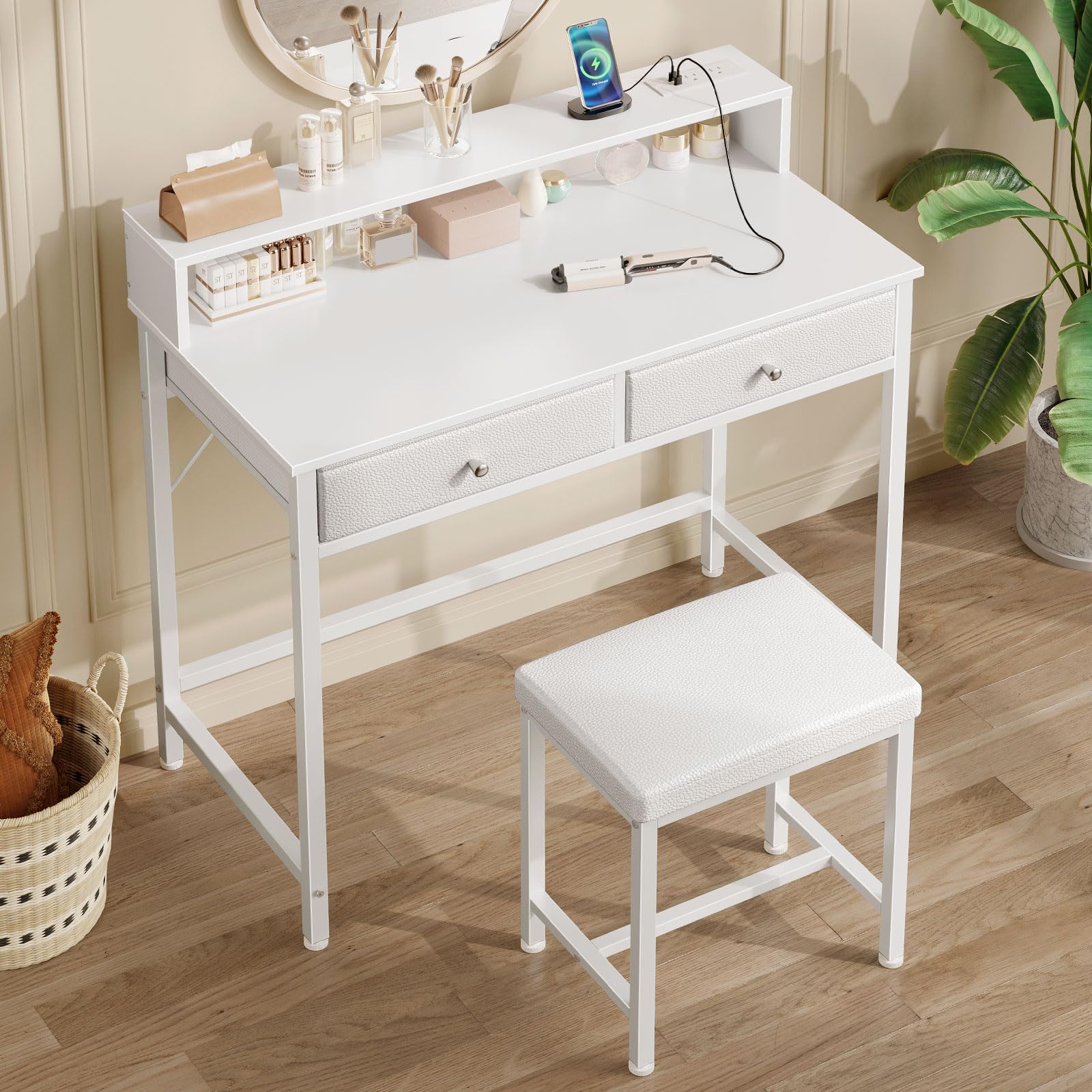 Seventable Vanity Desk without Mirror, Makeup Vanity with Drawers and Charging Station, Small Desk with Storage for Bedroom, Simple Home Office Computer Desk for Small Spaces, White - WoodArtSupply