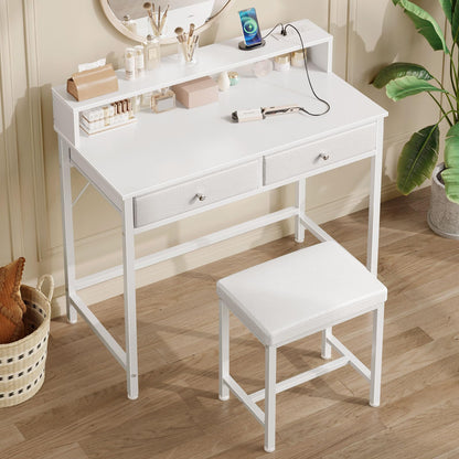 Seventable Vanity Desk without Mirror, Makeup Vanity with Drawers and Charging Station, Small Desk with Storage for Bedroom, Simple Home Office Computer Desk for Small Spaces, White - WoodArtSupply